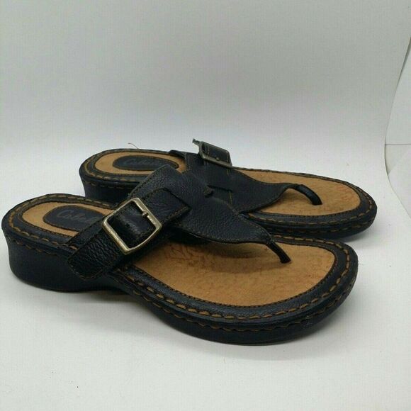 Cabelas Black Leather Comfy Thong Sandals Sz 6M - Picture 2 of 6
